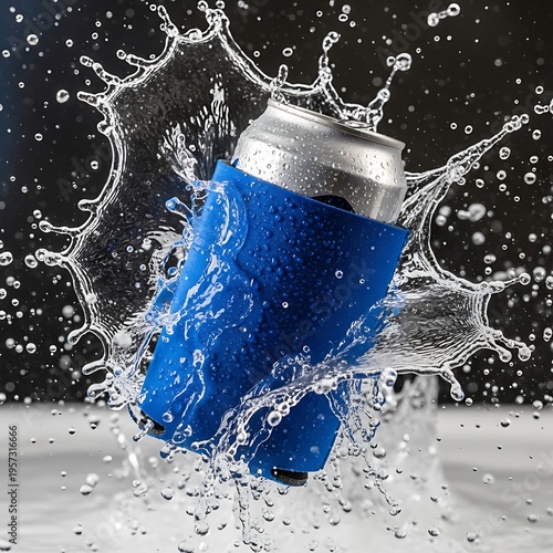 blue koozie with silver can splashing in water. koozie mockup