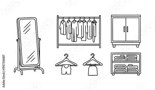 Clothing Rack and Wardrobe Icon Set with Mirror, Hangers, Folded Clothes, and Minimal Line Art Elements for Fashion Store and Closet Design