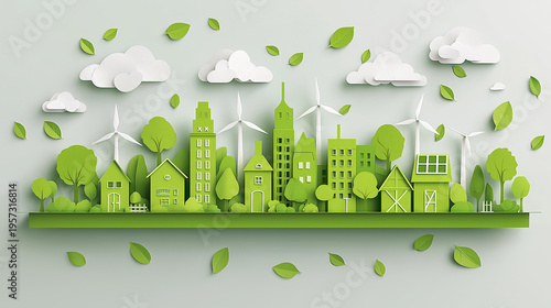 Ecology Concept with Green Eco City on Nature Background – Environment Conservation and Sustainable Resource Vector Illustration