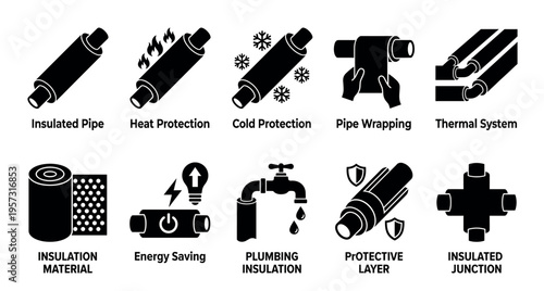 This infographic collection features simple black and white icons representing pipe insulation, heat and cold protection, energy saving, and plumbing systems.