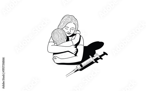 A minimalist vector illustration of a sad woman sitting alone with a syringe