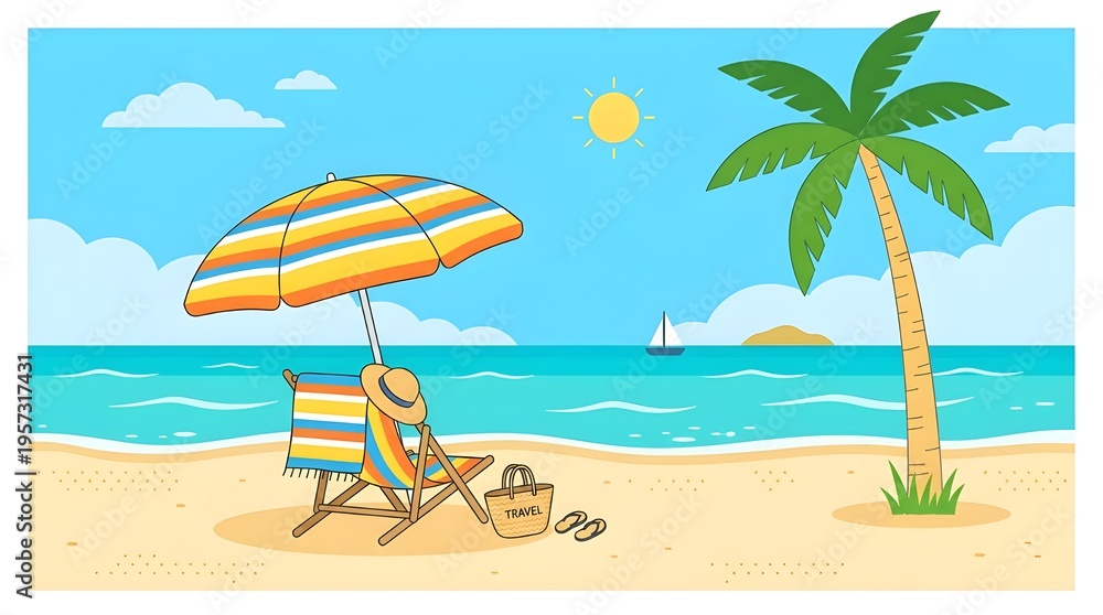 Obraz premium Tropical Beach Vacation Illustration with Sunbed Palm Tree and Umbrella in Outlined Flat Style for Summer Travel Banner and Leisure Concept