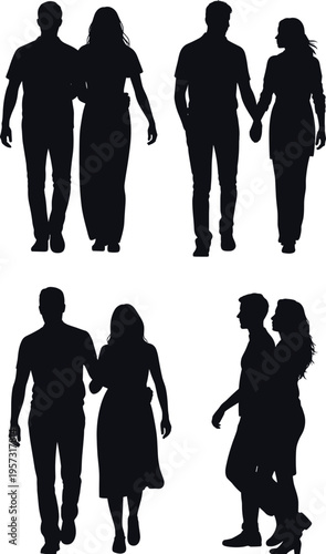 Silhouette couples walking together holding hands, romantic relationship, love and companionship concept, people strolling in different poses isolated on white background illustration set