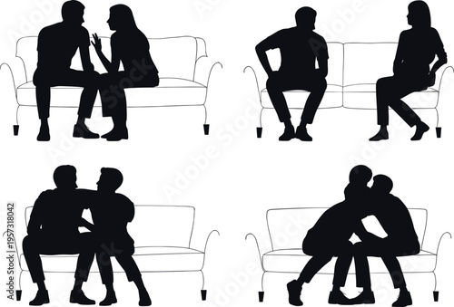 Silhouette couples on sofa showing relationship stages, communication, conflict, intimacy and reconciliation, human emotions, love and tension concept isolated on white background illustration