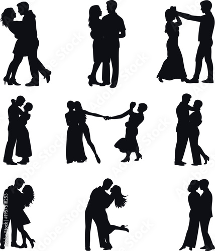Romantic dancing couples silhouettes set, elegant ballroom poses of men and women in love, isolated black figures collection for relationship, wedding, and lifestyle concepts