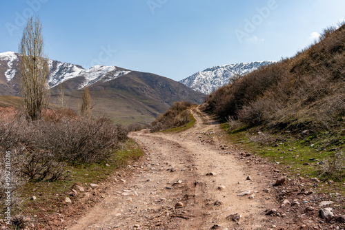 A dirt road forks in a vast, rugged mountain landscape during early spring. The path is unpaved and rocky, leading the viewer's eye towards the distant, snow-capped peaks under a clear blue sky.