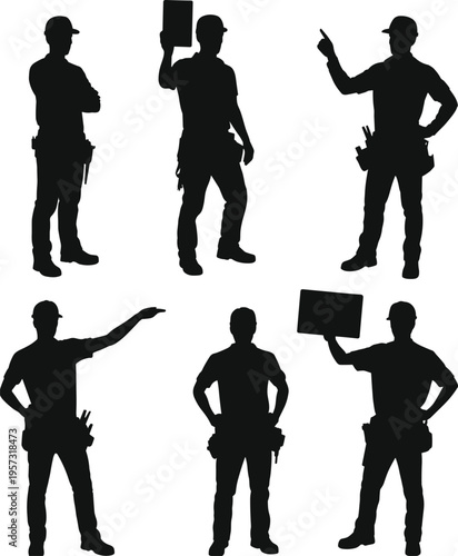 Construction worker silhouettes set with tools and equipment, builder holding sign and pointing, industrial labor concept, handyman profession, isolated on white background