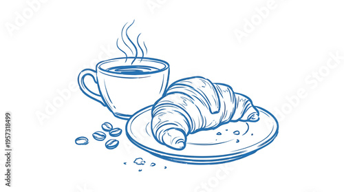 Clean line art of a hot coffee and flaky croissant breakfast, perfect for modern cafe branding and delightful morning meal graphics