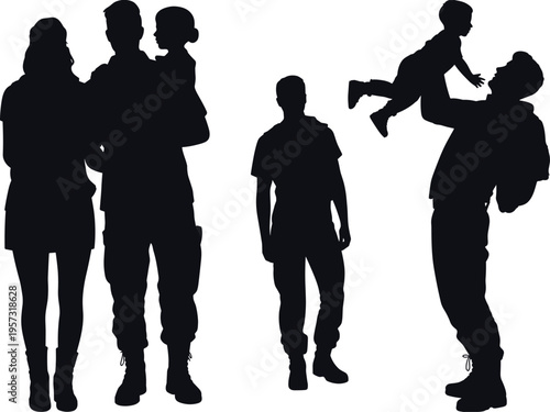 Vector Silhouette Set of Soldier Father in Uniform Reunited with Family and Playing with Toddler Child Isolated on White Background for Patriotic Veteran Design