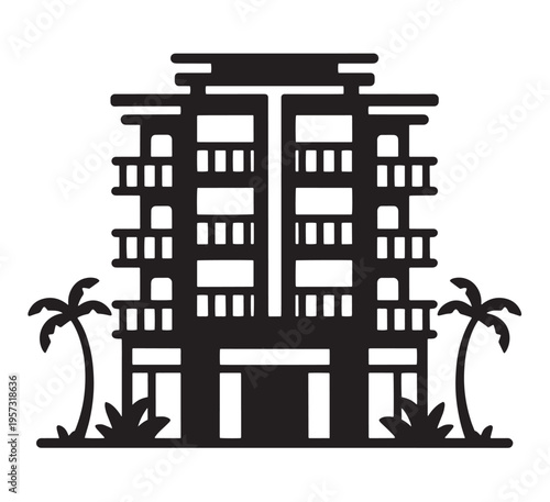 Modern apartment building with balconies and palm trees, minimalist black and white icon.