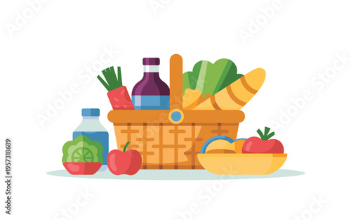 A colorful vector illustration of a wicker picnic basket filled with fresh food and drinks