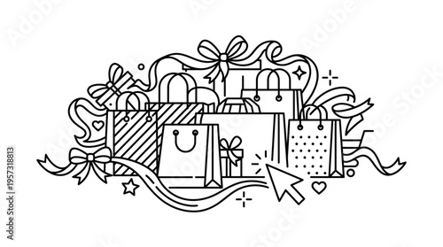 Online Shopping and Gift Giving Line Art Design