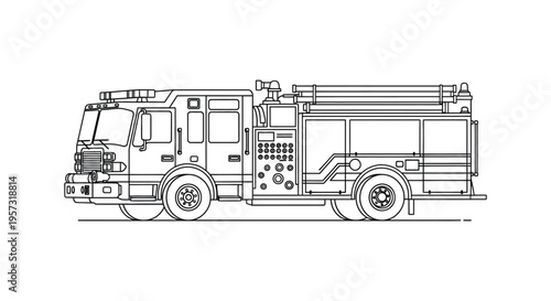 A detailed line drawing depicts a large fire truck from a side view showcasing its equipment and design silhouette high quality