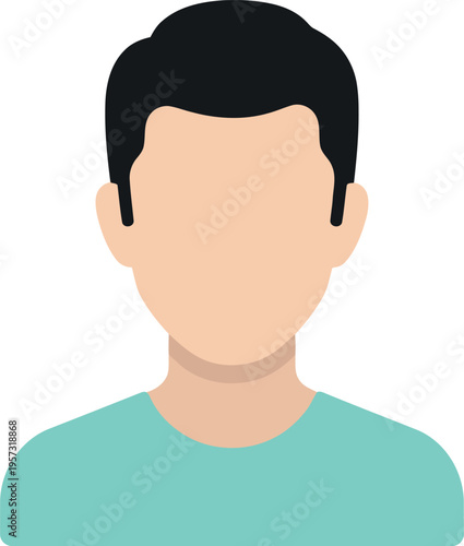 Male avatar icon with short black hair and teal shirt on white background, flat vector illustration