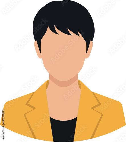 Vector illustration of woman with short black hair wearing yellow blazer, faceless avatar icon