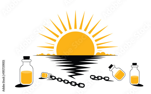A vector graphic illustration of a sun rising over a silhouette of a medical bottle and chain symbolizing freedom from addiction