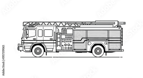 A detailed line drawing depicts a large fire engine in profile showcasing its structure and design silhouette high quality professional modern