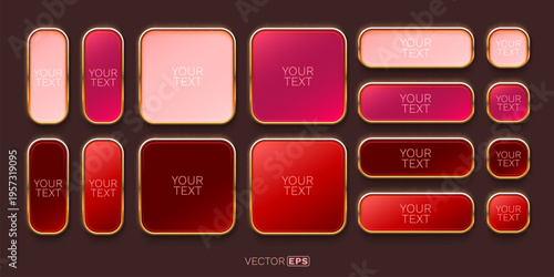 Collection of glossy pink and red UI buttons with golden frames on a dark background.