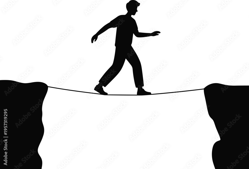 Fototapeta premium PrintSilhouette person walking tightrope, risk challenge, overcoming obstacles, balance concept, danger cliff crossing, determination courage, success metaphor,