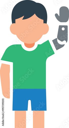 Child with prosthetic arm illustration, disability awareness, inclusive vector design