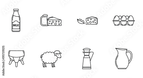 A collection of simple black linear icons depicting dairy products farm animals and related containers silhouette high quality professional detailed modern