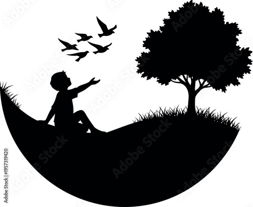 Silhouette of boy sitting under tree releasing birds in nature vector illustration