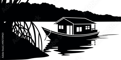 Traditional houseboat on river with forest silhouette, black and white vector illustration