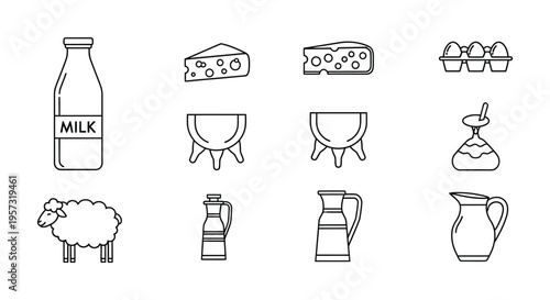 A collection of linear dairy and breakfast related icons including milk cheese eggs and a sheep silhouette high quality professional detailed