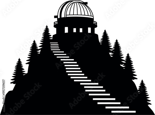 Silhouette of Mountain Observatory with Dome and Staircase Surrounded by Pine Trees