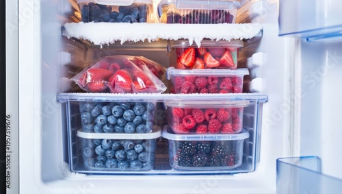 A well-stocked open freezer packed with various clear containers and bags of colorful frozen mixed berries and fruits highlighting efficient food organization smart meal planning and access to year-ro