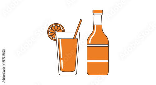 A vibrant illustration depicts a glass of orange juice a bottle and an orange slice all in a flat silhouette
