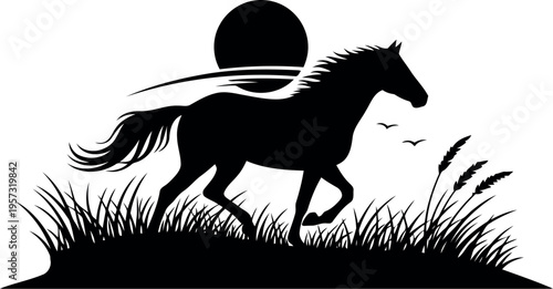 Silhouette of galloping horse in nature with sunset and grass vector illustration
