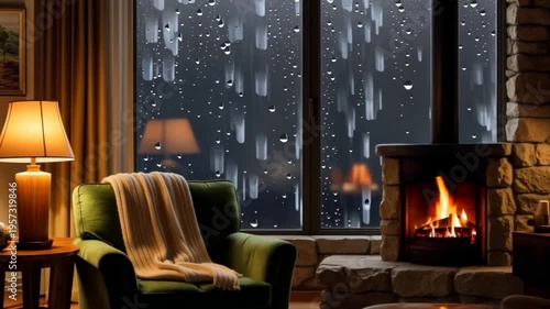 Wallpaper Mural Cozy living room with fireplace on rainy day indoors Torontodigital.ca