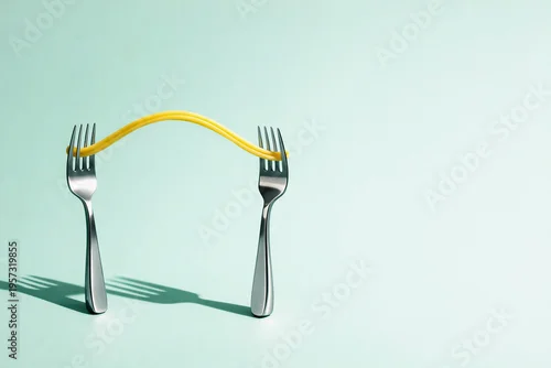 Fototapeta na wymiar Creative Food Metaphor of Spaghetti Strand Forming a Bridge Between Two Forks with Copy Space
