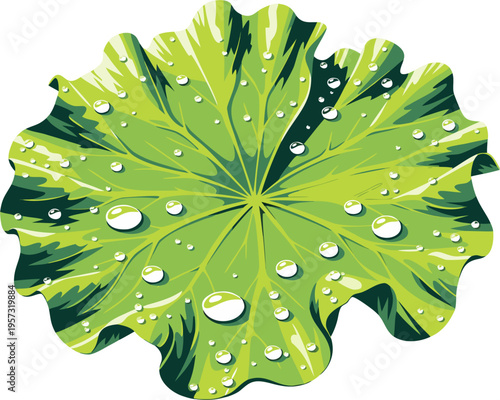 A vibrant green lily pad featuring detailed textures and sparkling water droplets on its surface