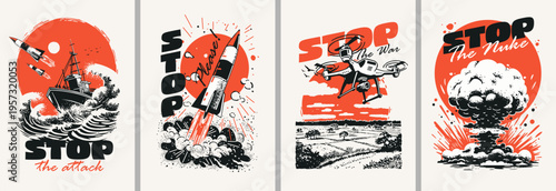 Bright retro posters in vintage style depicting war and weapons. Dynamic creative prints depicting a nuclear explosion, drone and rocket. Let's stop the wars in the world together