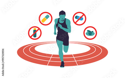 A fit athlete running on a track with prohibited symbols around them, emphasizing a clean and healthy approach to sports.