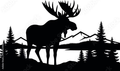 Moose Silhouette in Forest with Mountain Landscape Vector Illustration