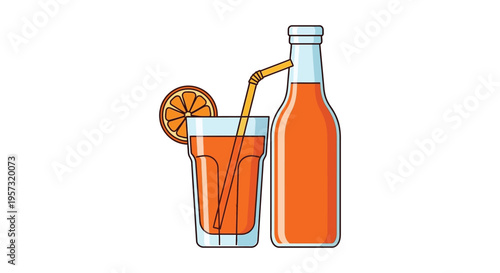 A vibrant illustration depicts a glass of orange juice with a slice alongside a bottle silhouette high quality professional detailed modern