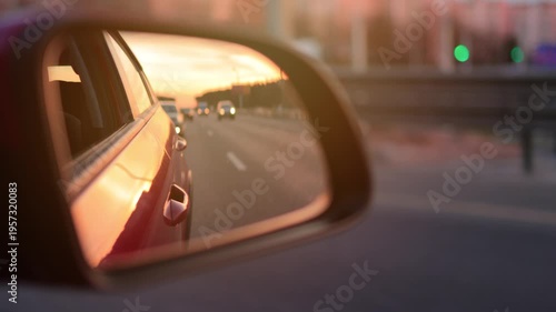The sun is reflected in the mirror, evening road. View in the side rear view mirror of a red car driving along the highway
