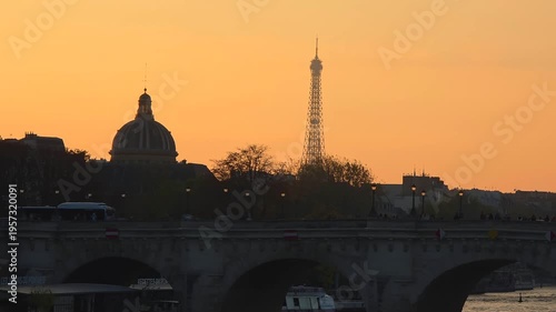 Sunset Over Seine River and Historic Bridge in Paris, France