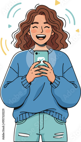 A woman looking happy with her smartphone vector art in a white background.