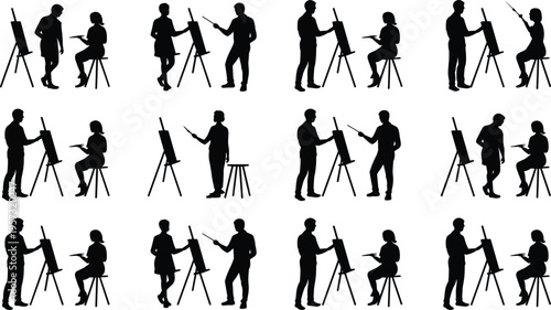artist, silhouettes, painting, easel, creative, art, class, drawing, studio, people, sketching, hobby, education, design, workshop, illustration, painter, canvas, learning, figures