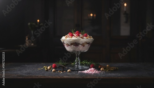 Moody festive trifle dessert with dramatic lighting