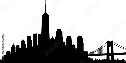 New York City Skyline Silhouette with Iconic Skyscrapers and Bridge on White Background