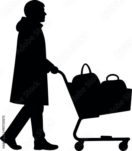 Silhouette of person wearing hooded coat pushing shopping cart with bags