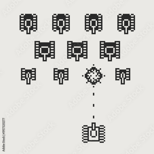 Pixel Game scene with Tanks 8-bit shooter arcade design. Military Shooter Arcade Gameplay screen with black tanks battle of retro 80s - 90s pixelated video game style. Editable Pixel Art Vector 
