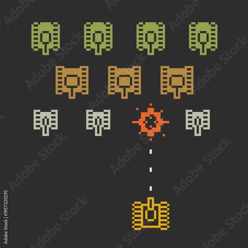 Retro Game scene of tanks battle 8-bit arcade Pixel Art poster. Military Shooter Arcade Gameplay screen with colorful tanks battle of retro 80s - 90s pixel video game style. Editable vector template