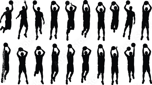 Basketball player silhouettes set, dynamic jumping shooting poses, isolated black figures, sports action collection for design, training, and creative projects