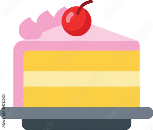 Slice of layered sponge cake with pink frosting and cherry on top, vector illustration